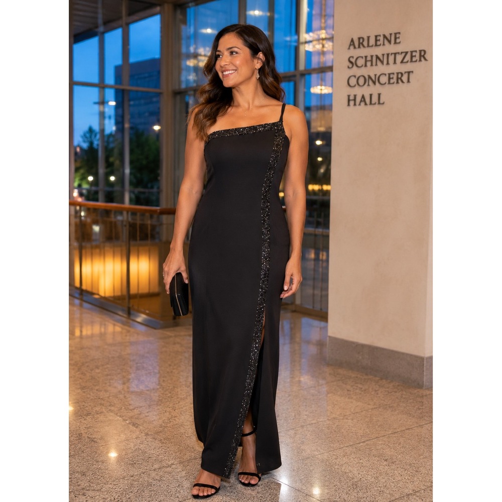 Betsy & Adam One Shoulder Beaded Black Maxi Gown Dress Size 8